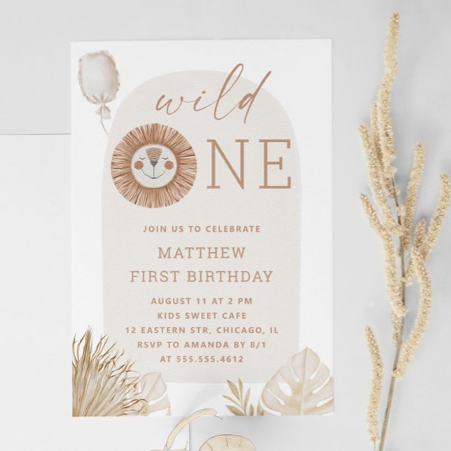 Minimal Boho Lion | Wild One 1. Geburtstag Party Einladung (Von Creator hochgeladen)