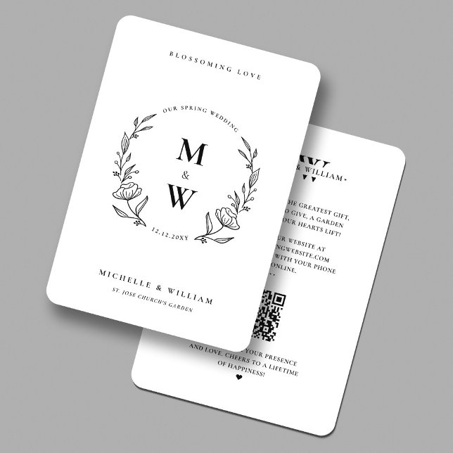 Minimal Boho Spring Wedding Monogram Schwarz-weiß Einladung (Minimal Boho Spring Wedding Monogram Black White Invitation
)