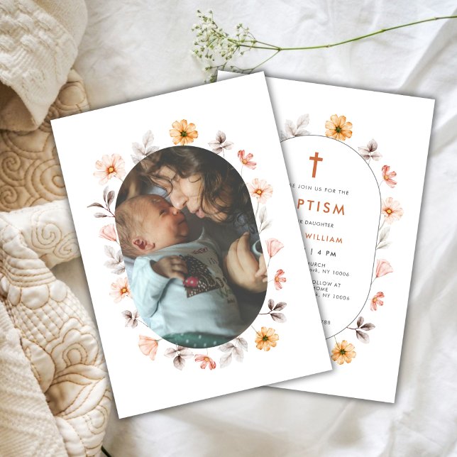 Minimal Boho Wildblume Foto Frame Cross Taufen Einladung (Minimal Boho Wildflower Photo Frame Cross Baptism Invitation)