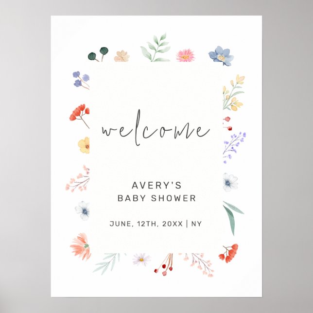 Minimal Boho Wildblume Frame Baby Dusche Willkomme Poster (Vorne)
