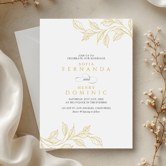 Minimal Botanical Faux Gold Wedding Einladung (Von Creator hochgeladen)