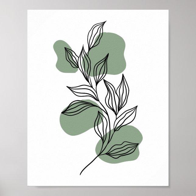 Minimal Botanical Line Art Leaves with Sage Green  Poster (Vorne)