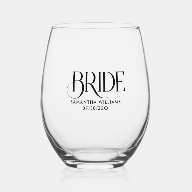 Minimal Bride Elegante Schwarze Typografie Weinglas Ohne Stiel (Vorderseite)