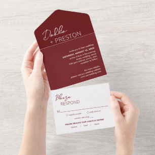Minimal Burgund Moderne Hochzeit All In One Einladung