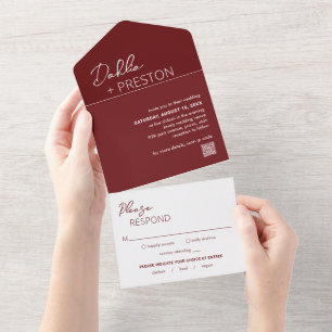 Minimal Burgund QR Code Moderne Hochzeit All In One Einladung