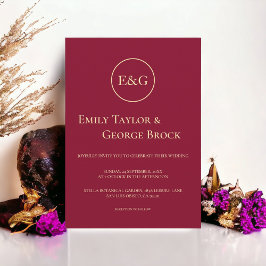 Minimal Burgundy Gold Luxury Monogram Chic Wedding Einladung