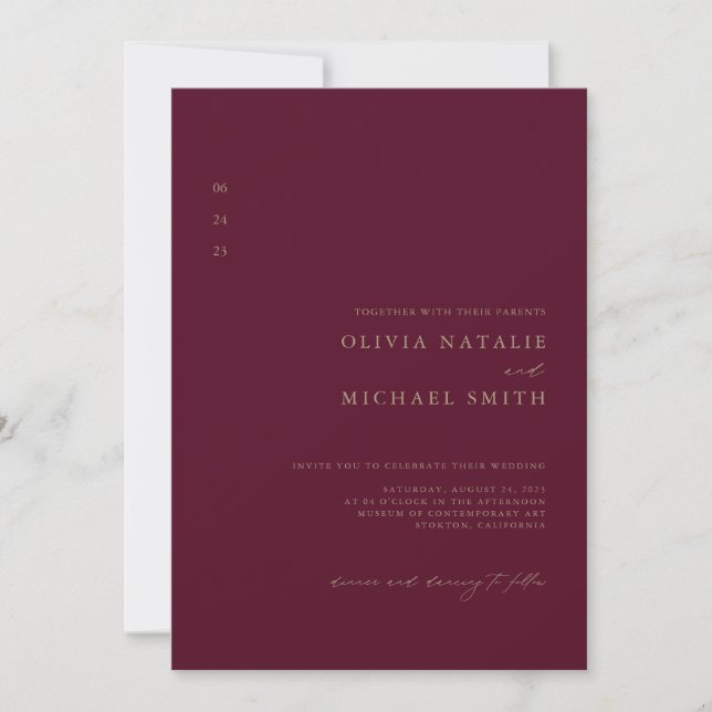 Minimal Burgundy & Gold QR Code All In One Wedding Einladung (Vorderseite)