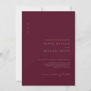 Minimal Burgundy & Gold QR Code All In One Wedding Einladung