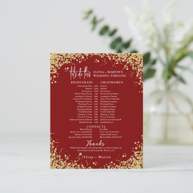 Minimal Burgundy Script Text Hochzeitstag Zeitleis (Stehend Vorderseite)