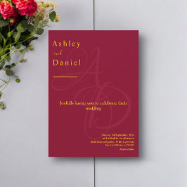 Minimal Burgundy und Gold Monogram Elegante Hochze Einladung