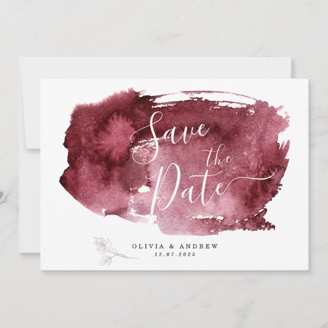 MINIMAL BURGUNDY WATERCOLOR BOTANICAL WEDD SAVE THE DATE (Vorderseite)