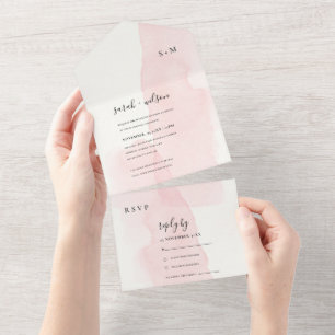 MINIMAL BWATERCOLOR BLUSH PINK MONOGRAM WEDD ALL IN ONE EINLADUNG