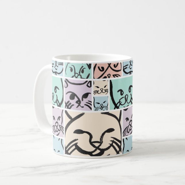 Minimal Cats Line Art Collage Kaffeetasse (Vorderseite Links)