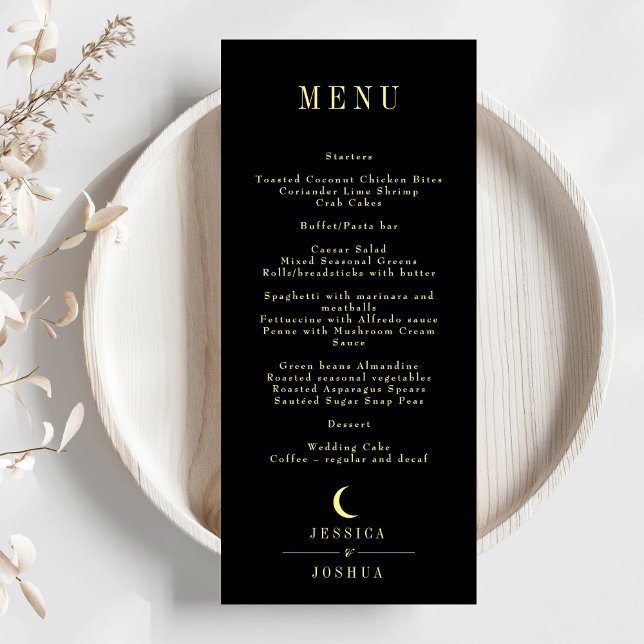 Minimal Celestial Black Crescent Moon Wedding Menükarte (Von Creator hochgeladen)
