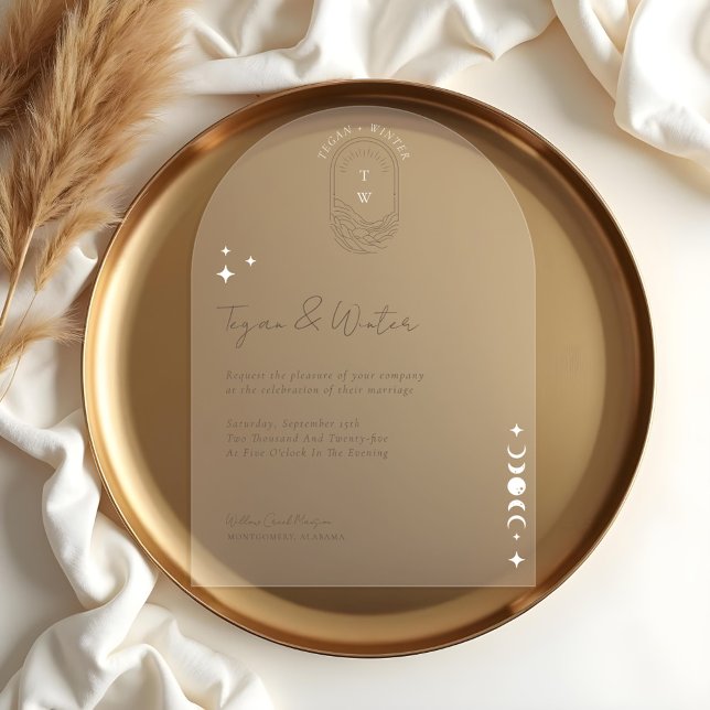 Minimal Celestial Boho Moon & Stars Arch Wedding Acryleinladungen (Minimal Celestial Holistic Boho Moon & Stars Arch Acrylic Invitations)