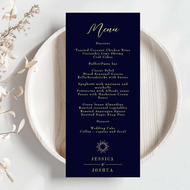 Minimal Celestial Mystical Sun Navy Blue Wedding Menükarte (Von Creator hochgeladen)
