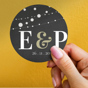 Minimal Chalkboard String Lights Monogram Wedding Runder Aufkleber