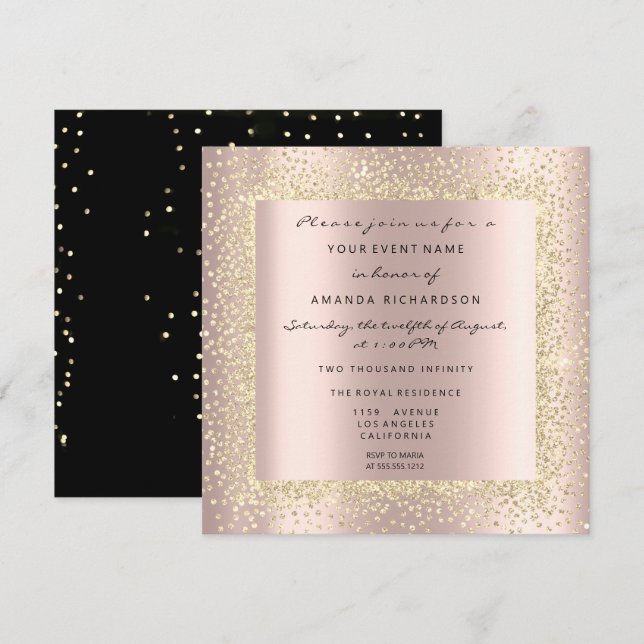Minimal Champaigne Gold Black Confetti Rose Blush Einladung (Vorne/Hinten)