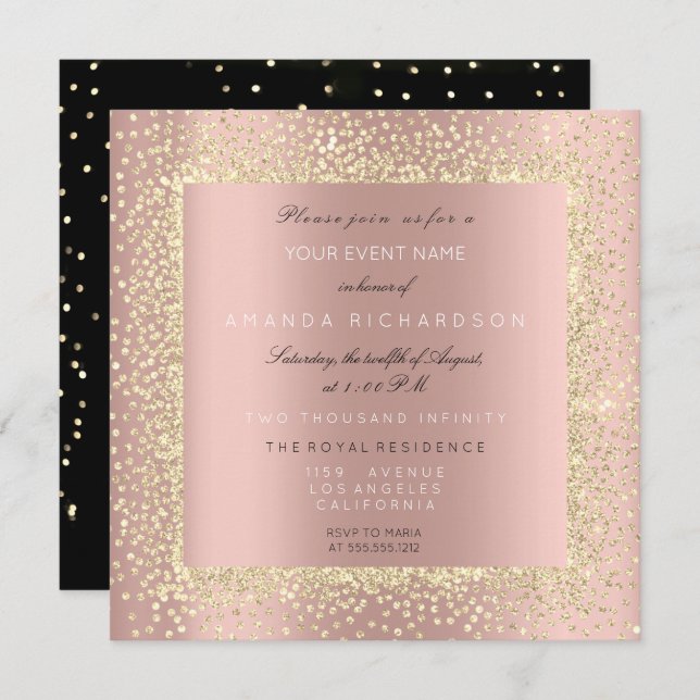 Minimal Champaigne Gold Black Confetti Rose Blush Einladung (Vorne/Hinten)
