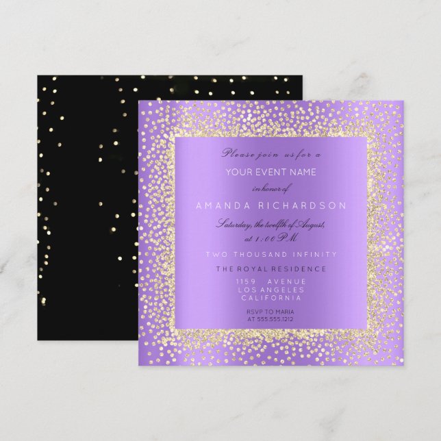 Minimal Champaigne Gold Black Confetti Violet Purp Einladung (Vorne/Hinten)