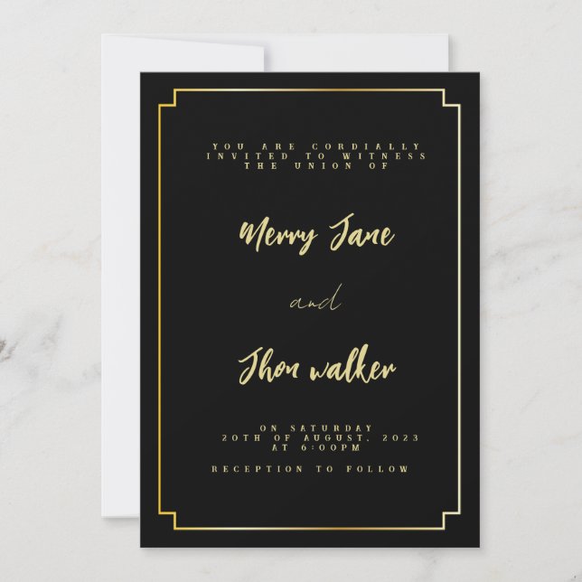 Minimal & Chic Black and Golden Wedding Einladung (Vorderseite)