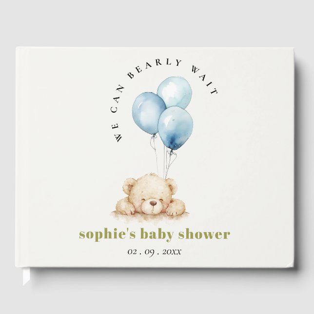 Minimal Chic Blue Bearly Wait Balloon Baby Dusche Gästebuch (Vorderseite)