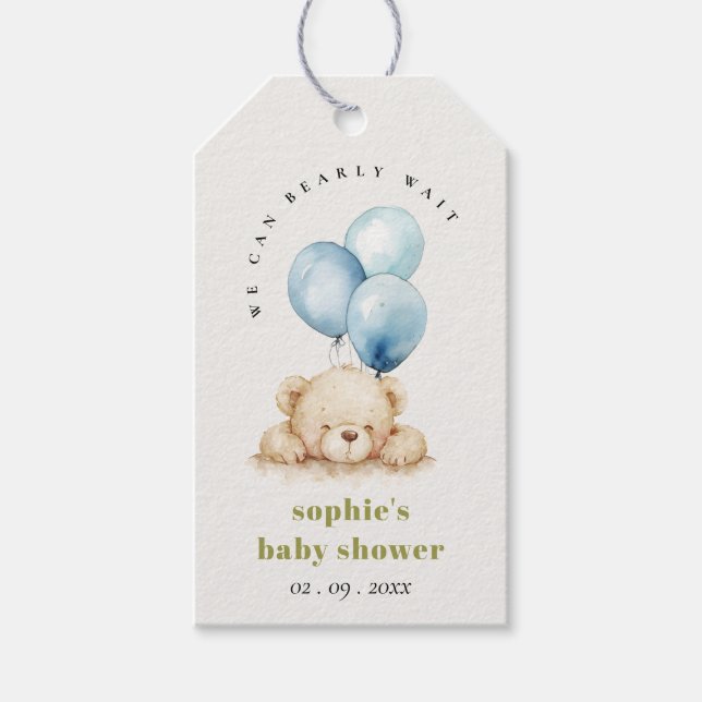 Minimal Chic Blue Bearly Wait Balloon Baby Dusche Geschenkanhänger (Vorderseite)