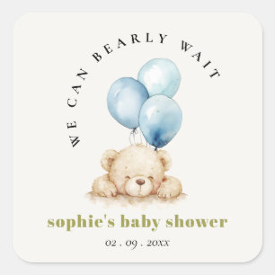 Minimal Chic Blue Bearly Wait Balloon Baby Dusche Quadratischer Aufkleber