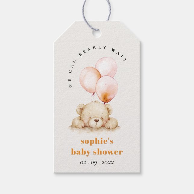 Minimal Chic Blush Bearly Wait Ballon Babydusche Geschenkanhänger (Vorderseite)