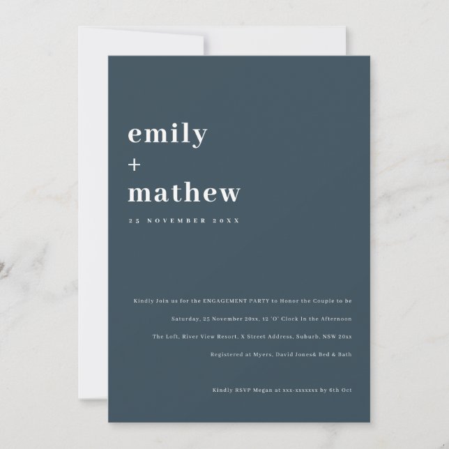 Minimal Chic Bold Navy Blue Typografy Verlobung Einladung (Vorderseite)