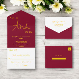 Minimal Chic Burgundy und Gold Delikate Hochzeit All In One Einladung