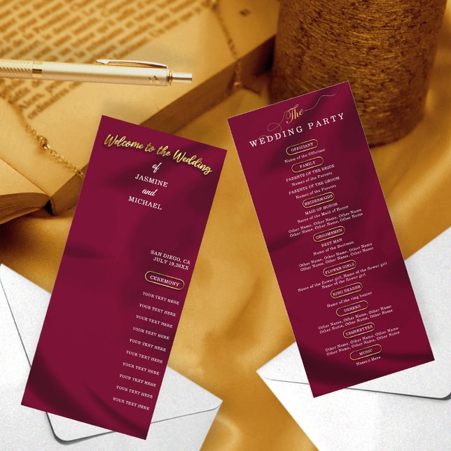 Minimal Chic Burgundy und Gold Wedding Programm (Von Creator hochgeladen)
