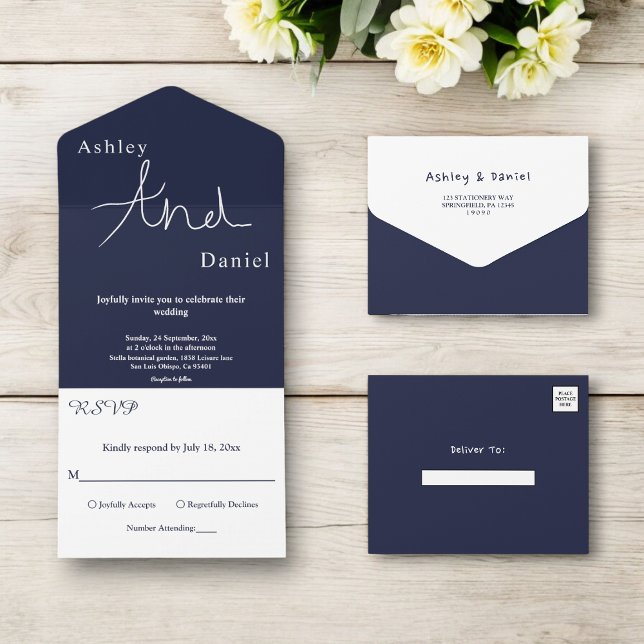 Minimal Chic Navy Blue Delicate Wedding All In One Einladung (Von Creator hochgeladen)