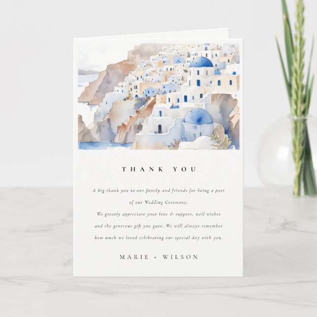 Minimal Chic Santorini Griechenland Wasserfarbenho Dankeskarte (Vorderseite)