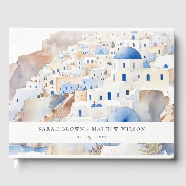 Minimal Chic Santorini Griechenland Wasserfarbenho Gästebuch (Vorderseite)