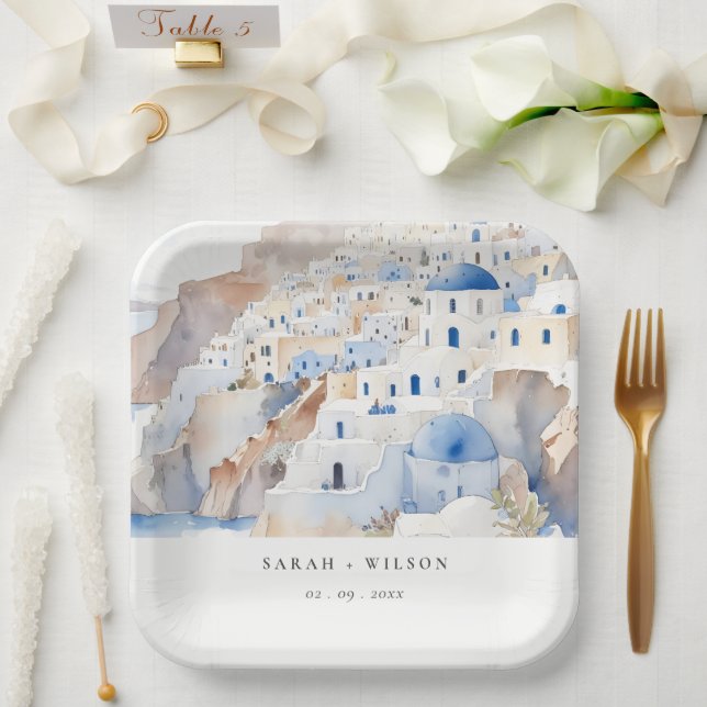Minimal Chic Santorini Griechenland Wasserfarbenho Pappteller (Hochzeit)
