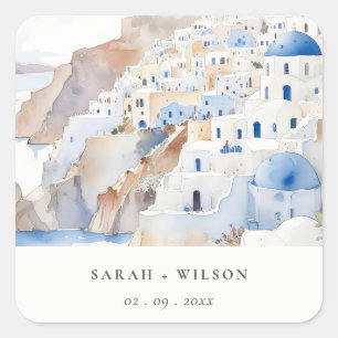Minimal Chic Santorini Griechenland Wasserfarbenho Quadratischer Aufkleber