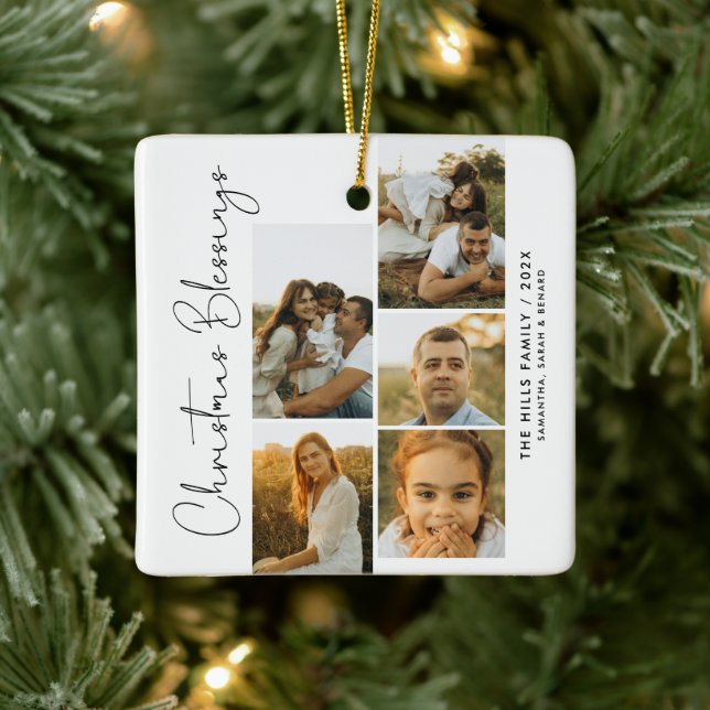 Minimal Christmas Blessings Script Family 5 Photos Keramikornament (Baum)