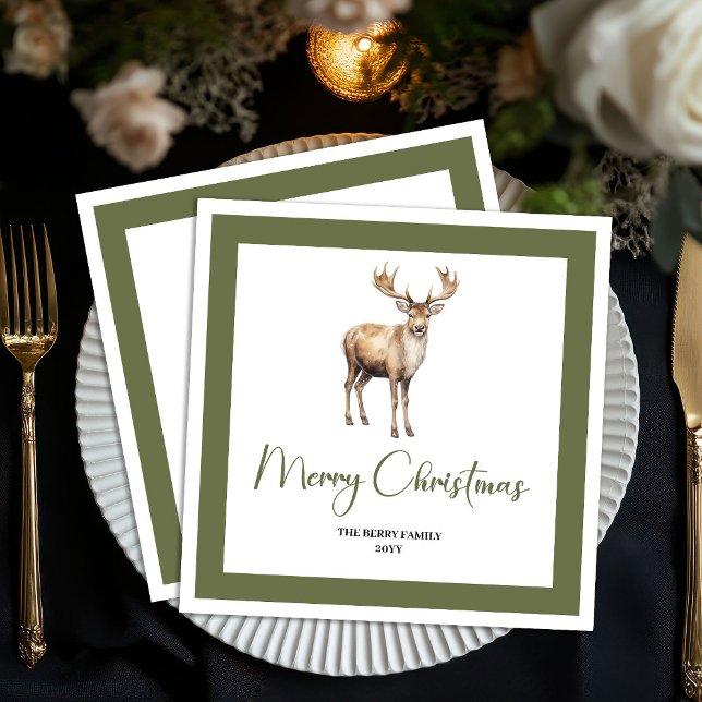 Minimal Christmas Deer Neutral Family Name Napkins Serviette (Minimal Christmas Deer Neutral Family Name Napkins)