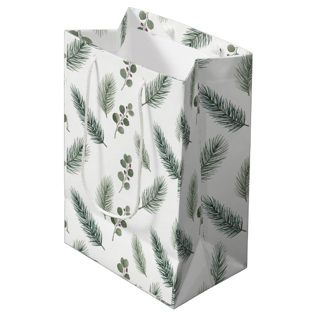 Minimal Christmas Pine Pattern, Scandi Style Mittlere Geschenktüte (Vorderseite Schrägansicht)