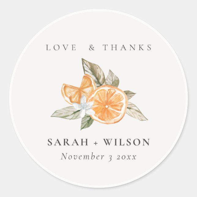 Minimal Citrus Orange Botanical Boho Wedding Runder Aufkleber (Vorderseite)
