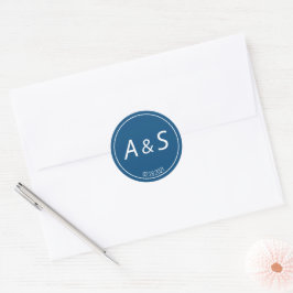 Minimal Classic Blue White Initials Date Wedding Runder Aufkleber