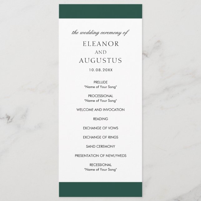 Minimal Classic Elegant Emerald Green Wedding Programm (Vorderseite)
