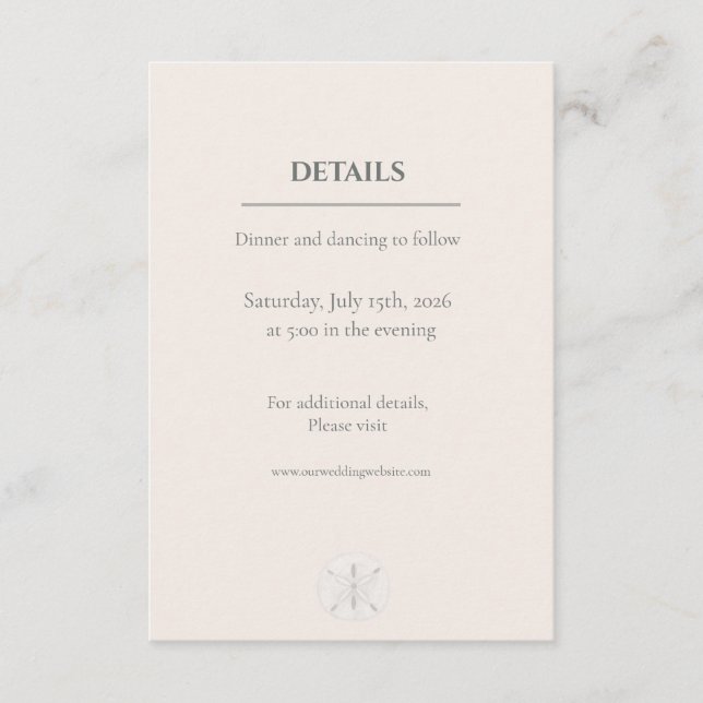 Minimal Coastal Sand Dollar Wedding Begleitkarte (Vorderseite)