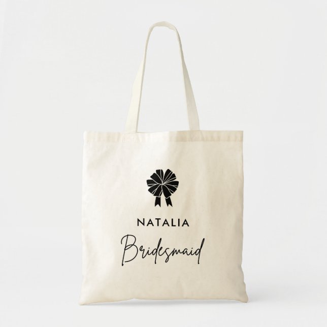 Minimal Coquette Black Bow Script Bridesmaid Tragetasche (Vorne)