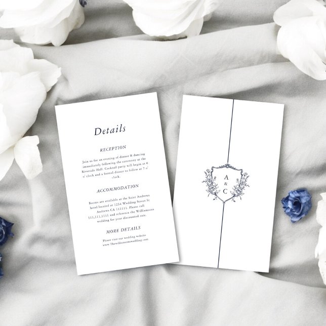 Minimal crested einfache Hochzeit Details Einschli Begleitkarte (white with navy text stylish causual wedding stationary , tie the knot in style )