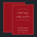Minimal Crimson Red Script Einladung<br><div class="desc">Minimal Crimson Red Script Typografie Einladung Hochzeit. Stilvoll beeindrucken Ihre Hochzeitsgäste mit dieser trendigen, roten Hochzeitseinladung, die ein schönes weißes Drehbuch auf einem knallroten Hintergrund enthält. Diese Einladung hat ein atemberaubendes rotes Design, mit modernen und minimalistischen Farbtupfern, perfekt für Ihre einfache, trendige, minimalistische Hochzeit. Das minimale und moderne Layout hebt...</div>