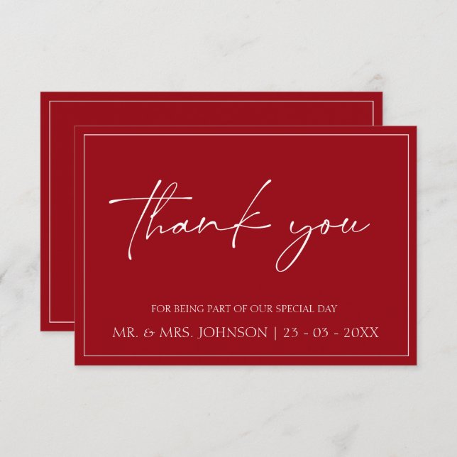 Minimal Crimson Red Script Wedding Danke Karte (Vorne/Hinten)