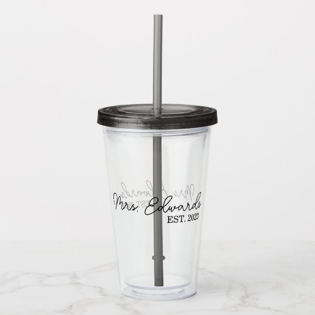 Minimal Cursive Frau Custom Nachname Hochzeitsgesc Acryltrinkbecher (Vorderseite)