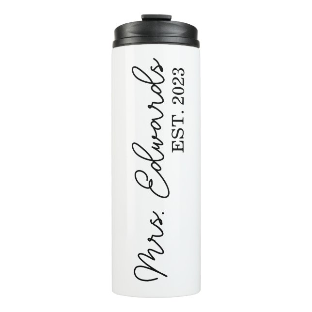 Minimal Cursive Frau Custom Nachname Hochzeitsgesc Thermosbecher (Vorderseite)